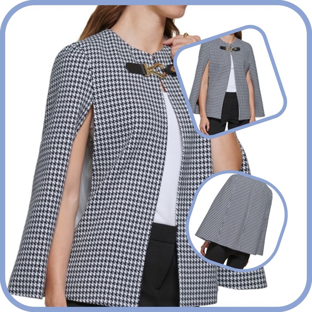 DKNY Women’s Houndstooth Cape-Sleeve Jacket w/Open Front Collarless Detail in XL
